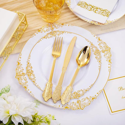 Hioasis 350pcs White and Gold Plastic Plates - Elegant Disposable Dinnerware Set Include 10.25" Dinner & 7.5" Dessert Plates, Knives, Forks, Spoons, Napkins, Cups for Party & Wedding