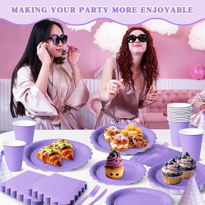 Vyntra 350 PCS Disposable Plates for Party, Paper Plates & Napkins Set with Cups, Knives, Forks, Spoons, 7'' Dessert and 9'' Dinner Plates for Birthday, Bridal & Baby Shower - Lavender/Light Purple