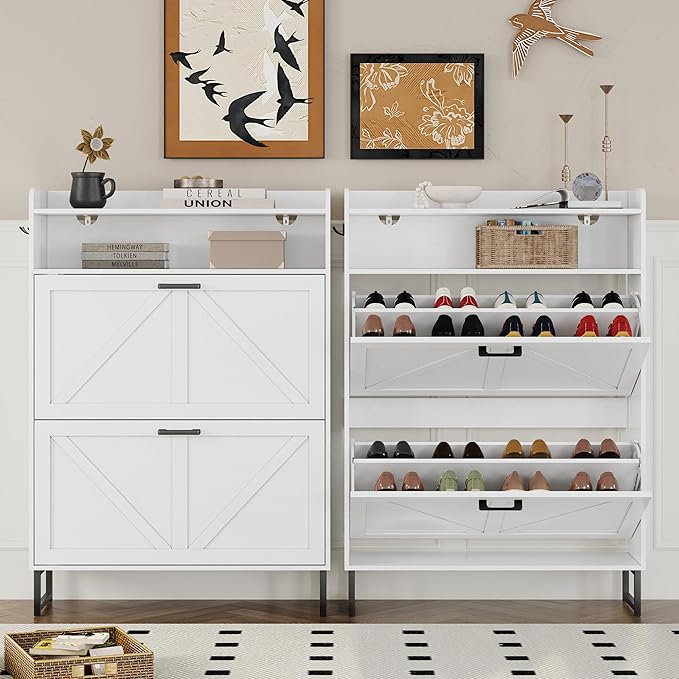 Shoe Cabinet with 2 Flip Drawers Narrow Shoe Storage Cabinet Organizer Wooden Freestanding Shoe Rack Hidden Slim Shoes Storage Cabinet for Entryway, Hallway, Bedroom