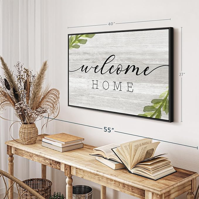 Elephant Stock Rustic Welcome Home Wall Art - Horizontal Floating Framed Canvas - 1-Piece Living Room Wall Decor - Digital Art Inspirational And Typography Canvas Print - Gray and Black Decor for Wall by Natalie Carpentieri - 40" X 27"