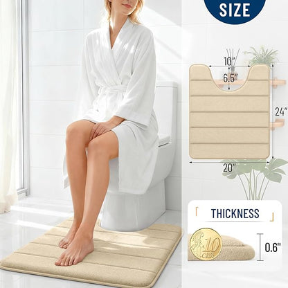 OLANLY Memory Foam Toilet Rugs U Shaped 24x20, Super Soft Absorbent Contour Bath Rugs, Quick Dry, Machine Washable Toilet Mat, Bathmat Floor Carpet, Bathroom Home Decor Accessories, Beige