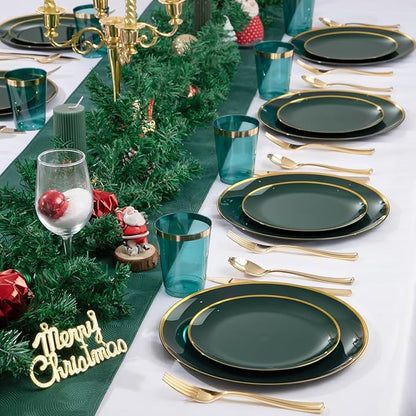 LIYH 180 Pcs Green and Gold Plastic Christmas Plates - Disposable Christmas Dinnerware sets, Green Dinner Dessert Plates, Gold Plastic Silverware Cups for Holiday, Party