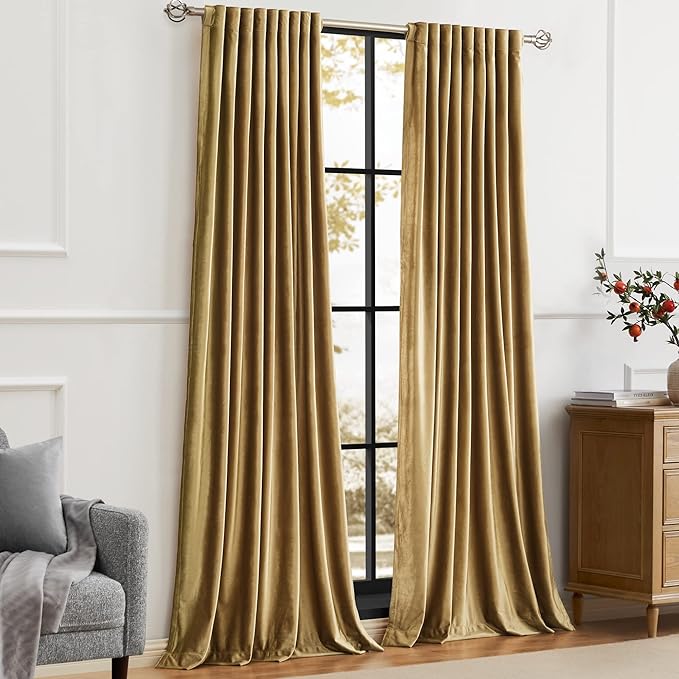 PRIMROSE Golden Velvet Curtains 96 inch Long for Living Room,Set of 2 Panels Blackout Rod Pocket Back Tab Window Treatment Room Darkening Heavy Decorative Curtains Drapes for Bedroom