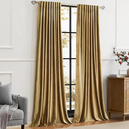 PRIMROSE Golden Velvet Curtains 84 inch Long for Living Room,Set of 2 Panels Blackout Rod Pocket Back Tab Window Treatment Room Darkening Heavy Decorative Curtains Drapes for Bedroom