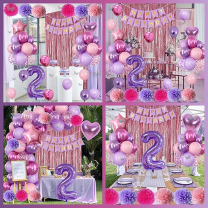 Pink Purple 2nd Birthday Party Decorations for Girls Number 2 Balloon Happy Birthday Banner Butterfly Stickers Fringe Curtain Paper Pom Poms Metallic Hot Pink Star Foil Balloons Baby 2 Year Old Decor