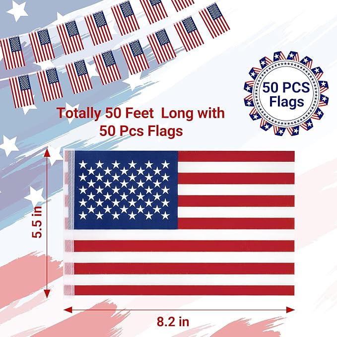 52FT 4th of July Decorations, 50 PCS Fourth of July Banner, 5.5 x 8.2 Inches American String Flag Banner for Patriotic Independence Day Fourth of July Accessories Party Home Patio Decor