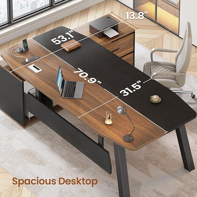SEDETA 71" Executive Desk with File Cabinet, Large Office Desk with Drawers and Shelves, L Shaped Computer Desk with Power Outlets, Business Furniture Desk Workstation for Home Office, Walnut