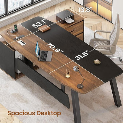 SEDETA 71" Executive Desk with File Cabinet, Large Office Desk with Drawers and Shelves, L Shaped Computer Desk with Power Outlets, Business Furniture Desk Workstation for Home Office, Walnut