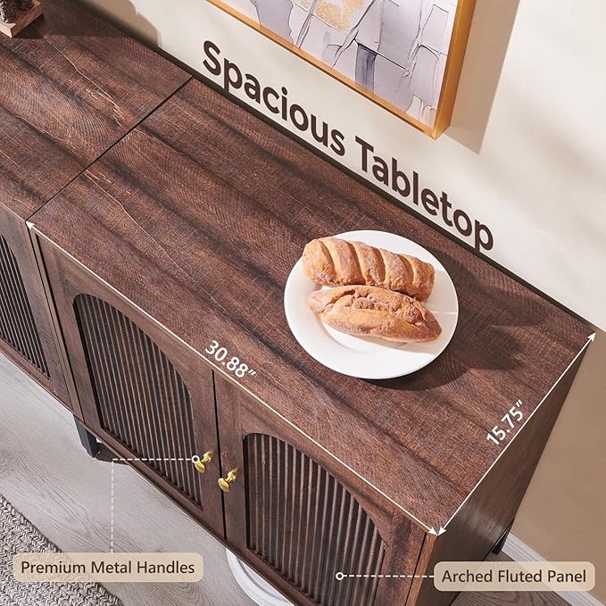 Modern Buffet Cabinet with Storage, 92.63" W Fluted Arched Sideboard Cabinet w/Adjustable Shelves, Wooden Modular Coffee Bar for Dining Room, Kitchen, Living Room, Entryway, Brown