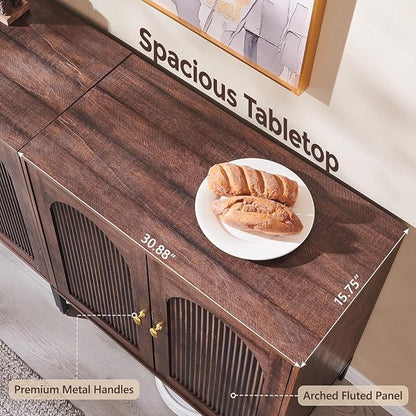 Modern Buffet Cabinet with Storage, 34" Tall Fluted Arched Sideboard Cabinet w/Adjustable Shelves, Wooden Modular Coffee Bar for Dining Room, Kitchen, Living Room, Entryway, Brown