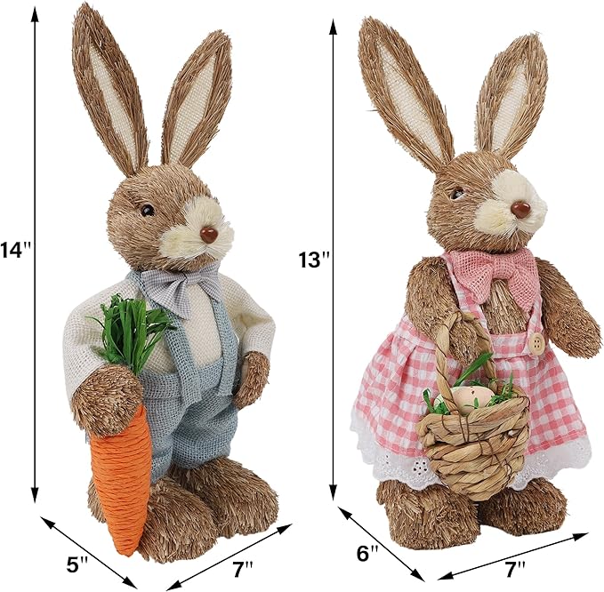 DR.DUDU Set of 2 Easter Decorations for Home- 14" Sisal Bunny Figurines with Carrot & Egg, Spring Straw Bunny Couple Farmhouse Centerpieces for Tables, Easter Rabbits Decor