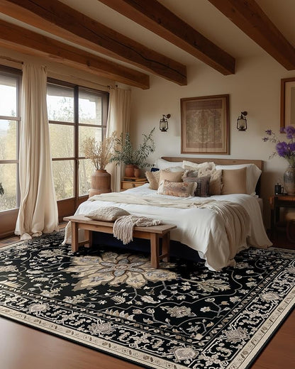 Area Rugs 8'x10' Washable Non-Slip, Floral Vintage Distress Print Pattern Medallion Carpet for Living Room Bedroom Dining Room, Black Brown Neutral Dark Tan
