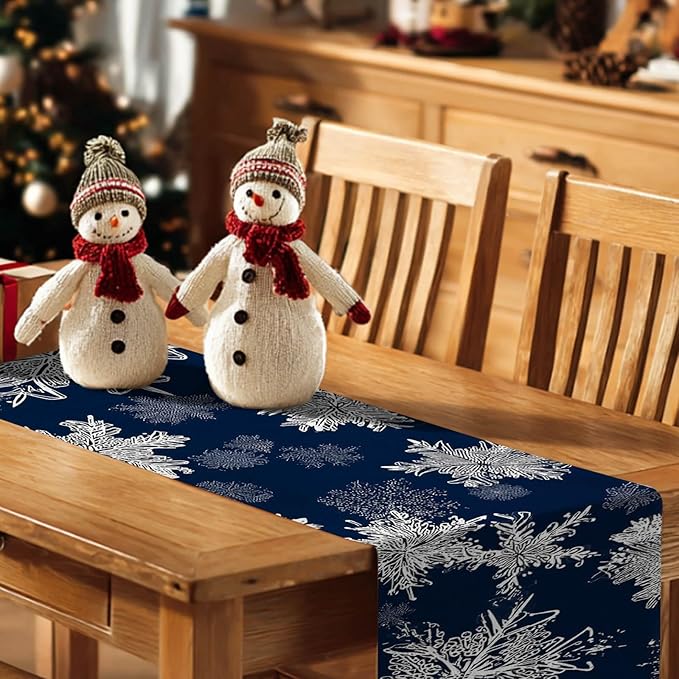 Blue Snowflake Table Runner 13x72 Inch Winter Table Runner Burlap Winter Holiday Dining Tables Decoration with White Snow Patterns Christmas Tablecloth for Kitchen Dining Home Party Decor