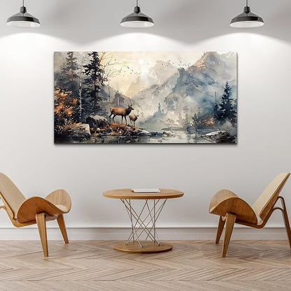 FUHAIHUA Canvas Wall Art For Living Room Large Wall Decor For Office Bedroom Wall Pictures Mountain Forest Landscape Ink Paintings Modern Poster Prints Artwork Room Home Decor Deer Mural 24x48 In