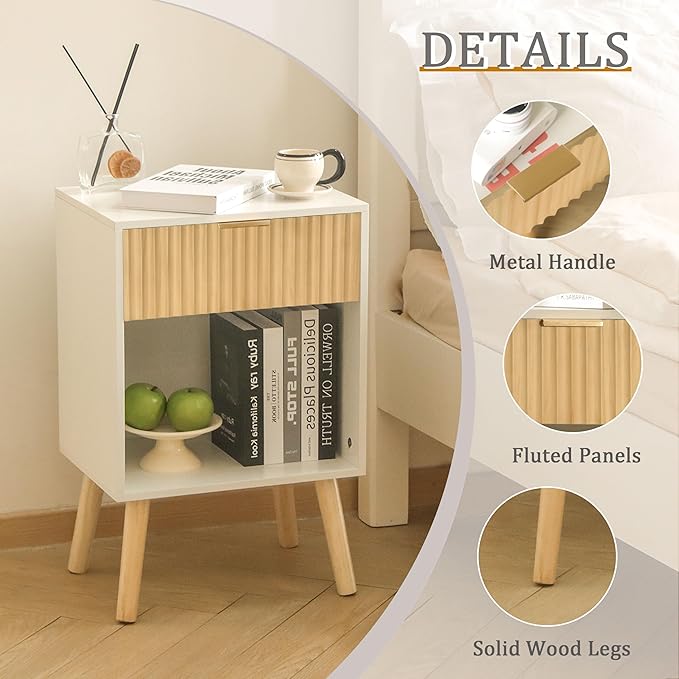 Night Stand with Charger Station, Modern Wood Nightstand with Drawer and Outlet, Fluted Bedside Table End Table with Solid Wood Legs for Bedroom, Living Room, Office (White Oak)