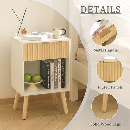 Night Stand with Charger Station, Modern Wood Nightstand with Drawer and Outlet, Fluted Bedside Table End Table with Solid Wood Legs for Bedroom, Living Room, Office (White Oak)