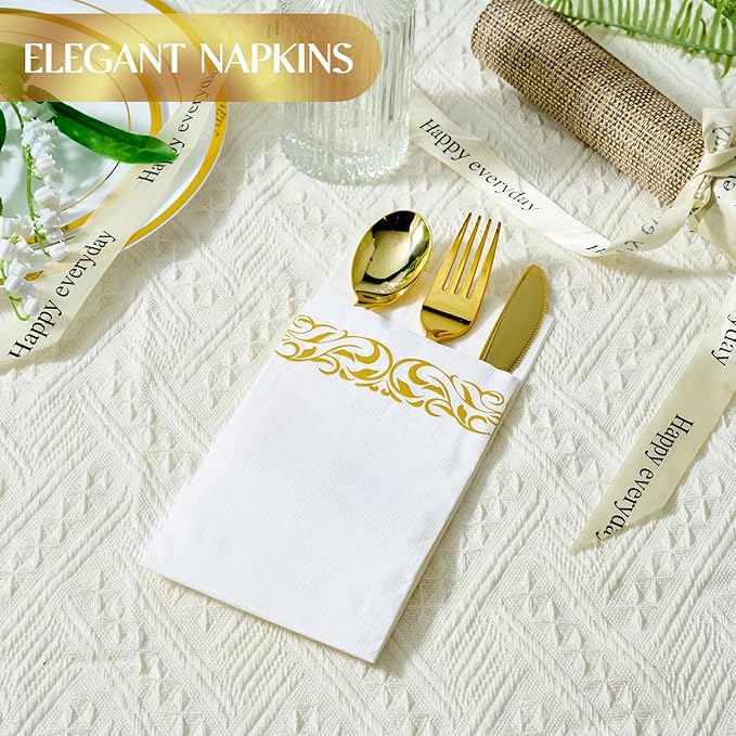 Vplus 400 Pack Paper Napkins Guest Towels Disposable Premium Quality 3-ply Dinner Napkins Disposable Soft, Absorbent, Perfect for Kitchen, Wedding, Parties, Dinners or Events (Gold)