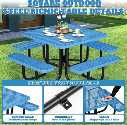 47'' Heavy-Duty Metal Picnic Tables with Umbrella Hole, Outdoor Steel Heavy Duty Commercial Grade Black Table, Outdoor Bench Set for Lawn, Patio, Park, Yard, Garden, Porch (Set B, Square)