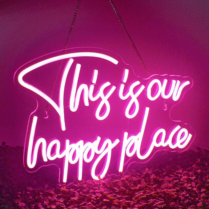 NOSUN This is Our Happy Place Neon Sign Pink Neon Signs for Wall Decor Pink Neon Light Sign with Dimmable Letter Neon Signs for Bedroom Bar Party Club Home Wedding Birthday Party LED Decorations