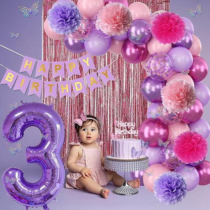 Pink Purple 3rd Birthday Party Decorations for Girls Number 3 Balloon Happy Birthday Banner Butterfly Stickers Fringe Curtain Paper Pom Poms Metallic Hot Pink Star Foil Balloons 3 Year Old Princess