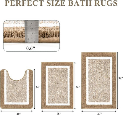 Pauwer Bathroom Rugs Sets 3 Piece Bathroom Shower Rugs with U-Shaped Contour Toilet Mat Absorbent Microfiber Plush Non Slip Bath Mats Machine Washable Shaggy Bath Floor Mats, Khaki