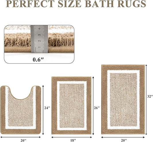 Pauwer Bathroom Rugs Sets 3 Piece Bathroom Shower Rugs with U-Shaped Contour Toilet Mat Absorbent Microfiber Plush Non Slip Bath Mats Machine Washable Shaggy Bath Floor Mats, Khaki