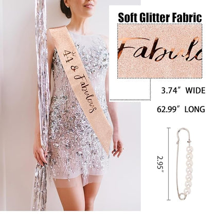 CIEHER 44th Birthday Crown & Sash Set + Pearl Pin, Fabulous 44 Birthday Tiara, Decorations & Gifts for Women