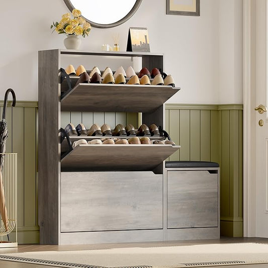 Shoe Cabinet with Bench and 3 Flip Drawers, Slim Narrow Shoe Storage Cabinet, Freestanding Shoe Rack Organizer with Adjustable & Removable Shelves, Anti-Tip for Entryway, Hallway, Foyer