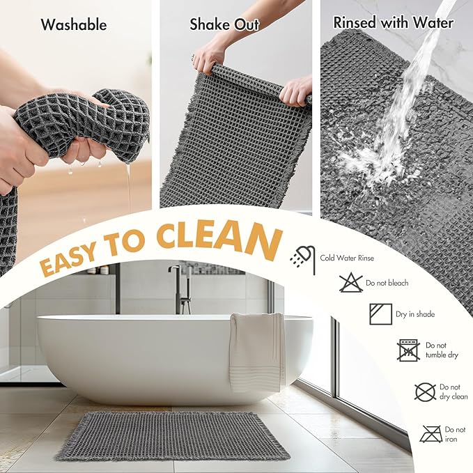 MIULEE Set of 2 Waffle Bathroom Rugs, Boho Bath Rugs Non Slip Washable, Super Absorbent Bath Mats, Ultra Soft Rubber Backed Shower Mats for Bathroom Floor, Tub and Shower, Dark Grey, 18x30 Inch