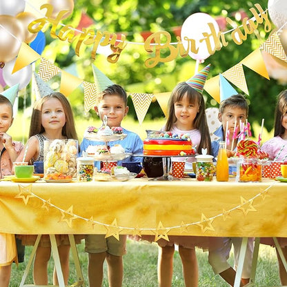 CANREVEL 3 PCS Gold Happy Birthday Banners, Hanging Stars Garland and Pennant Banner Flags, Gold Party Decorations, Golden Birthday Party Supplies for Women Men Girls Boys Adults