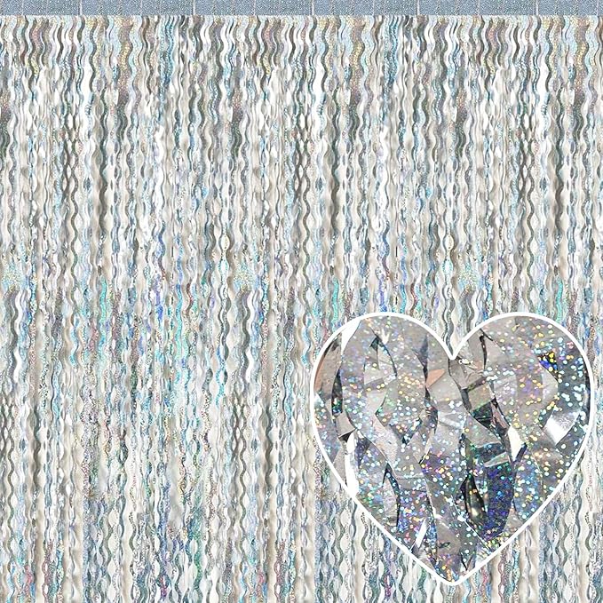 4 Pack Silver Fringe Curtain Backdrop 3.2Ft x 8.2Ft Metallic Tinsel Foil Fringe Streamers Background for Photo Booth, Easter, Mother's Day, Bachelorette, Wedding, Birthday Party Decoration