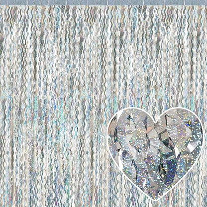 4 Pack Silver Fringe Curtain Backdrop 3.2Ft x 8.2Ft Metallic Tinsel Foil Fringe Streamers Background for Photo Booth, Easter, Mother's Day, Bachelorette, Wedding, Birthday Party Decoration