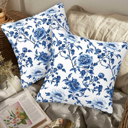 Chinoiserie Floral Throw Pillow Cover 18x18 Set of 2, Cushion Case for Couch, Sofa and Living Room, Vintage Flower Pillow Cases for Home Decor