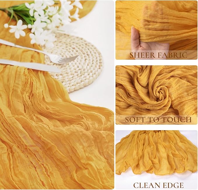 12 Pack Gold Cheesecloth Table Runner Fall Thanksgiving 35x120 Inch Mustard Yellow Cheese Cloth Runner 10FT Boho Rustic Gauze Table Runner for Wedding Party Baby Shower Birthday Decor