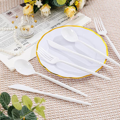 Supernal 360Pcs White Plastic Silverware, Hard Plastic Cutlery Heavy Duty Hammered Durable Utensils,White Silverware Set Include 120 Plastic Forks and Spoons,120 Knives Suitable for Wedding & Party