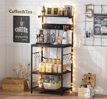 SUPERJARE Kitchen Bakers Rack with Power Outlet, Coffee Bar Table 4 Tiers, Kitchen Microwave Stand with 6 S-Shaped Hooks, Storage Shelf Rack for Spices, Pots and Pans - Black