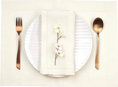 D'Moksha Homes Linen Placemats Set of 4 - Classic Hemstitch Ivory Placemats 14 x 19 Inch - 100% Pure Linen Table Mats for Winter, Christmas, Holiday - Handcrafted and Machine Washable