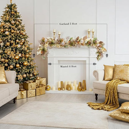 5 ft Christmas Garland for Mantle Unlit Garland for Stairs Railing, Banister, Staircase, Fireplace, for Table No Light, Garland Decor Frosted Red Poinsettia Holiday Tree (Sage Green Gold)