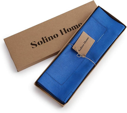 Solino Home Linen Placemats Set of 4 - Classic Hemstitch Royal Blue Placemats 14 x 19 Inch - 100% Pure Linen Table Mats for Holiday, Winter, Christmas, New Year