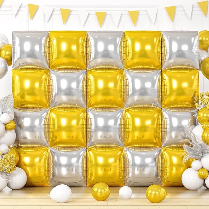 20PCS Gold Square Balloons, Metallic Balloon Wall Tunnel Double Sided Gold & Silver Foil Balloons Kit for Christmas New Year Graduation Birthday Party Backdrop Decorations
