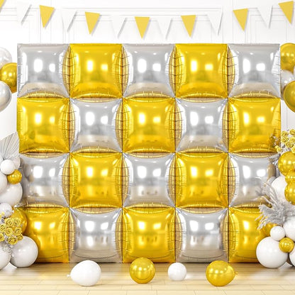 20PCS Gold Square Balloons, Metallic Balloon Wall Tunnel Double Sided Gold & Silver Foil Balloons Kit for Christmas New Year Graduation Birthday Party Backdrop Decorations