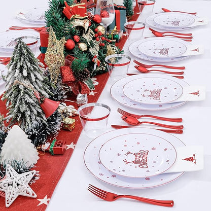 Nervure 175PCS Christmas Plastic Plates - White and Red Disposable Plates & Red Plastic Silverware include 50 Plates 25Knives 25Forks 25Spoons 25Napkins for Christmas Party