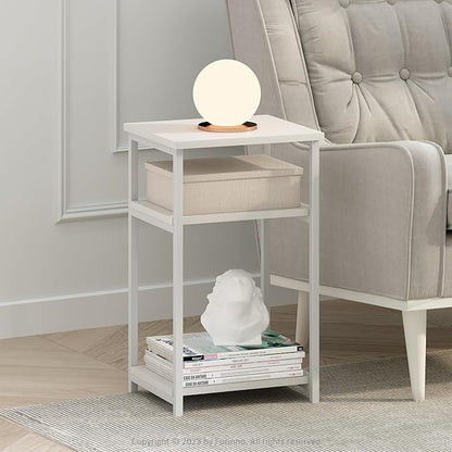 Furinno JUST Side Table Set of 2, 3-Tier Metal Frame Modern End Table with Open Shelf, Night Stand, Bedside Table, for Living Room, Bedroom, White