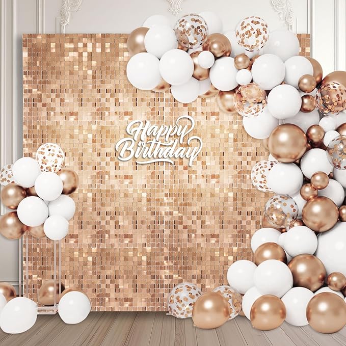 48 PCS Champagne Shimmer Wall Backdrop, Square Sequin Photo Backdrops Panel, Glitter Wall Background for Birthdays, Weddings, Halloween, Engagements, Disco Bachelorette Party Decoration (6FTx8FT)