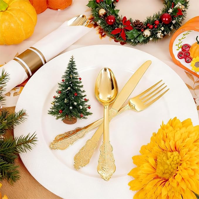 Liacere 400PCS Gold Plastic Silverware - Pre Rolled Napkins Disposable Gold Plastic Cutlery-Premium Quality Utensils-Includes 100Forks,100Knives,100Spoons,100 Napkins & Wedding & New Year