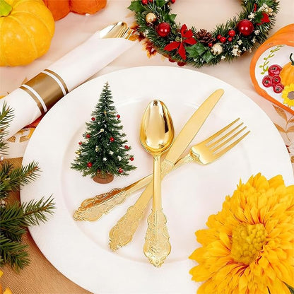 Liacere 400PCS Gold Plastic Silverware - Pre Rolled Napkins Disposable Gold Plastic Cutlery-Premium Quality Utensils-Includes 100Forks,100Knives,100Spoons,100 Napkins & Wedding & New Year