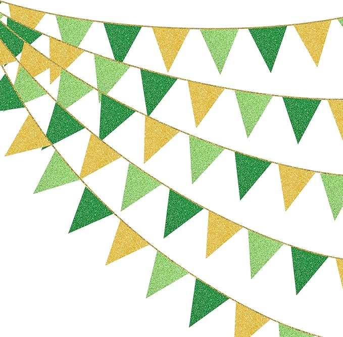 Green Gold Party Decorations Pennant Banner Flag Glitter Green Gold Triangle Hanging Bunting for Birthday Graduation Retirement Bridal Shower Wedding Bachelor Spring Summer Master Golf Themed Party
