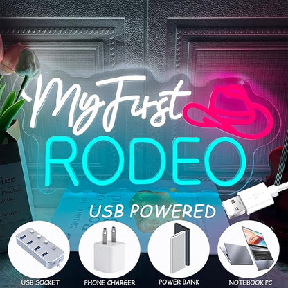 My First Rodeo Neon Sign for Wall Decor, Dimmable Cowboy Hat Neon Lights Signs, Western Cowboy Theme Neon Led Sign for Farm Bar Club Party Game Room Bedroom Man Cave Decoration Birthday Present