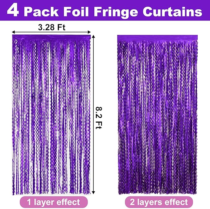 4 Pack Purple Fringe Curtain Backdrop 3.2Ft x 8.2Ft Metallic Tinsel Foil Fringe Streamers Background for Photo Booth Mother's Day, Easter, Carnival, Birthday, Wedding Party Decoration