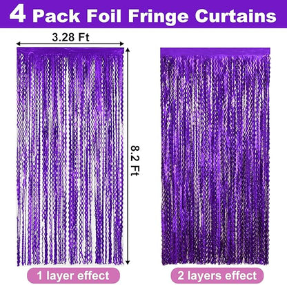 4 Pack Purple Fringe Curtain Backdrop 3.2Ft x 8.2Ft Metallic Tinsel Foil Fringe Streamers Background for Photo Booth Mother's Day, Easter, Carnival, Birthday, Wedding Party Decoration